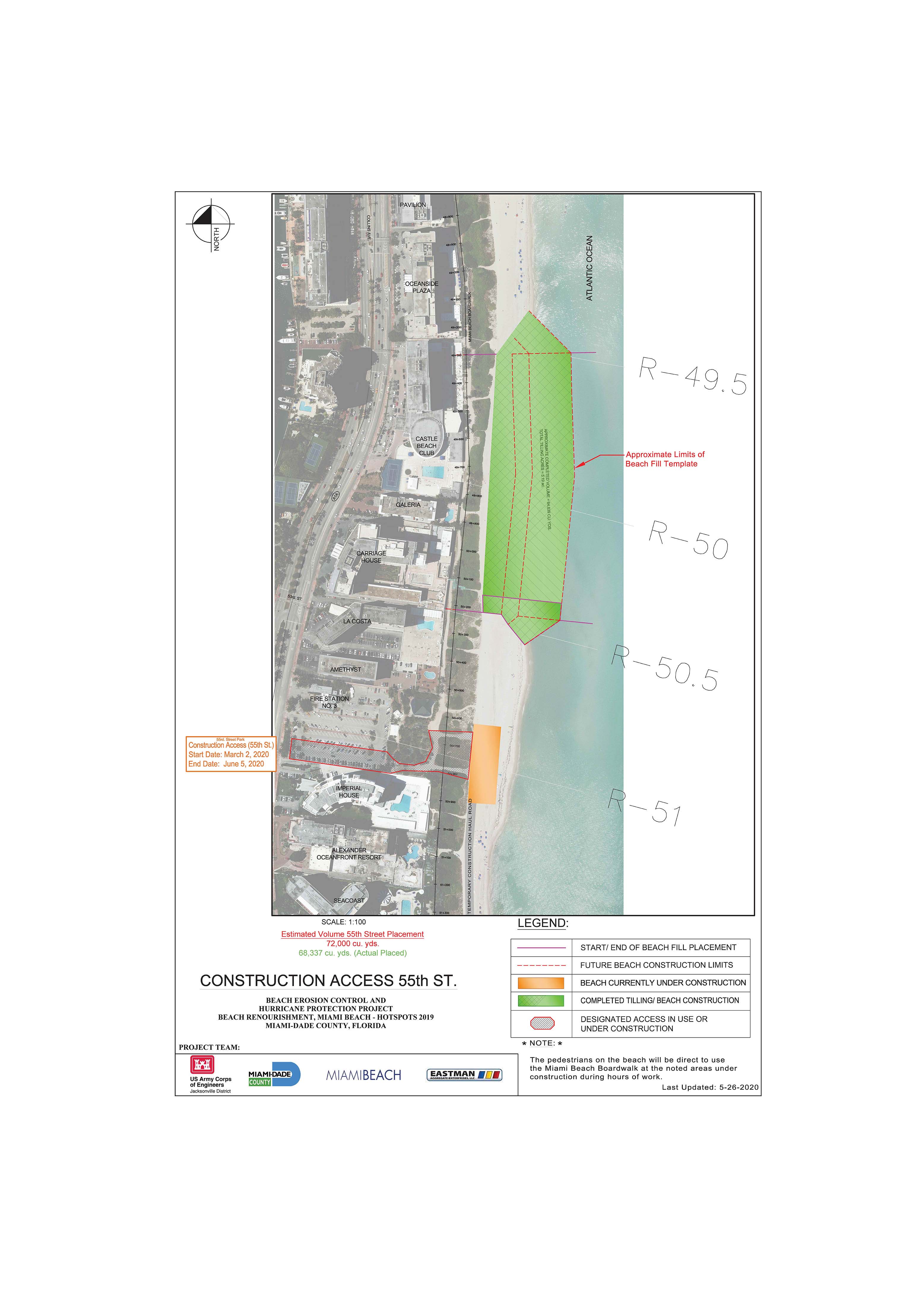 Image showing the 55th Street Reach where construction is scheduled to end by May 29. Current construction access is through the parking lot near fire station #3 and running south down the beach past the Imperial House, Alexander Oceanfront Resort and Seacoast.